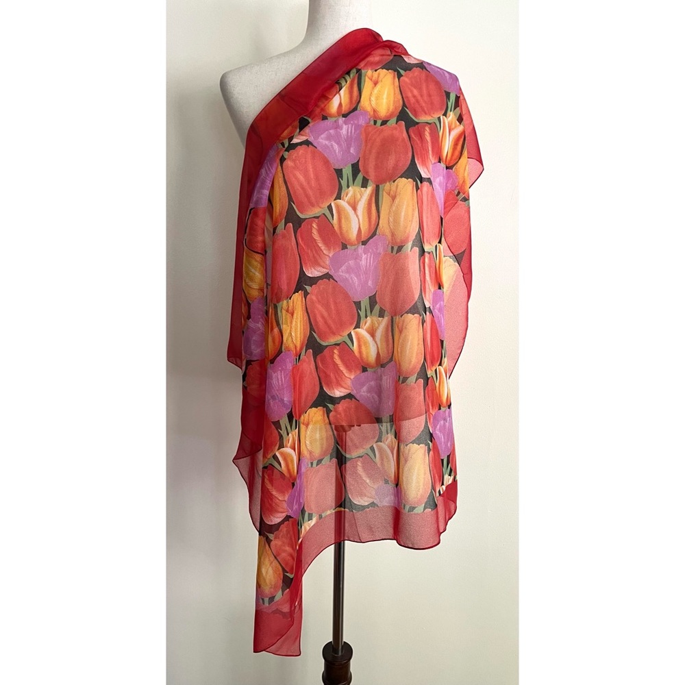 Vintage Kemtrade Holland Red Orange Tulip Flowers Silky Polyester Spring Scarf